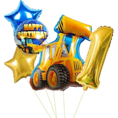 5pcs Construction Party 1-9 Digital Foil Balloon Kit Bulldozer Balloons For Kids Birthday Decoration Boys Party DIY Supply