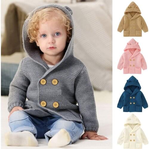 2020 Toddler Infant Kids Baby Boys Girls Solid Colors Cute Cartoon Bear Ears Double Breasted Hooded Knitted Warm Coat Outwear#g4