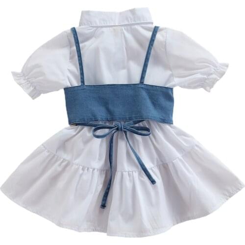 Baby Short Sleeve Dress + Denim Vest, Simple Style Adjustable Bandage with Ruffle Decoration Summer Clothing 2021 New Fashion