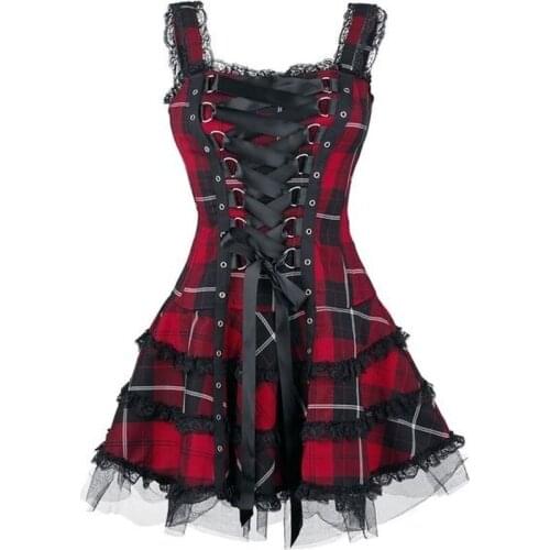 Dress Women Classic Frill Lace Dresses Sleeveless Plaid Vintage Gothic Mini Dresses Ball Gowns Cosplay Costume Plus Size Dress