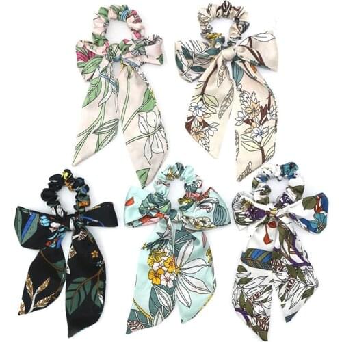 Hair Floral Scrunchie with Big Bow Elastic Hair Bands Women Girls Headwear Ponytail Holder Hair Accessories RT004
