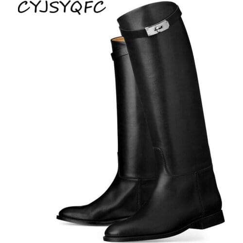 CYJSYQFC Sexy Belt Strap Metal Shark Lock Women Knee High Boots Autumn Winter Pointed Toe Flat Heel Motorcycle Boots Top Quality