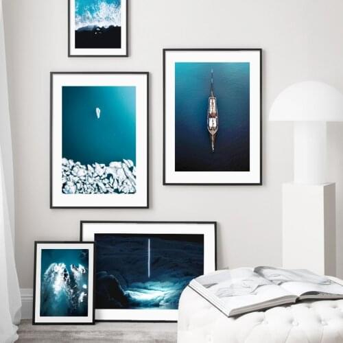 Blue Sea Wave Iceland Boat Wall Art Canvas Painting Seascape Nordic Posters And Prints Wall Pictures For Living Room Home Decor