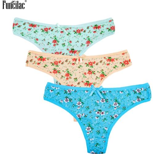 FUNCILAC Women Underwear Sexy G String and Thongs Tangas Cotton Patchwork Floral Print Kinckers Briefs for Ladies 3pcs/Lot M-XL