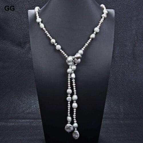 GuaiGuai Jewelry 52" Natural Cultured Grey Pearl Coin Baroque Pearl lariat Long Necklace