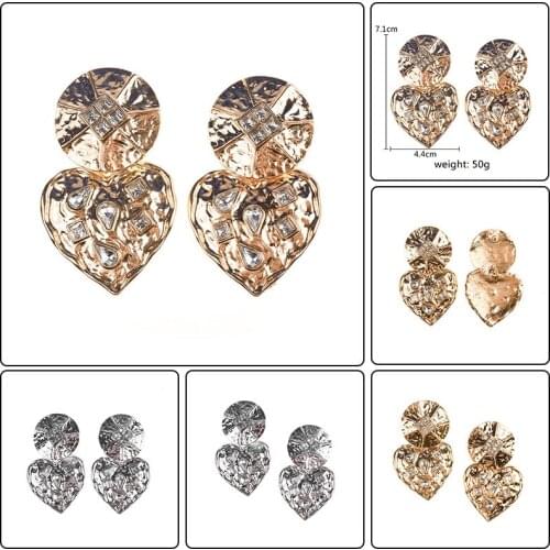 Metal Heart Shape Dangle Earrings Luxury Fashion Big Crystal Statement Earrings Women Wedding Jewelry Wholesale
