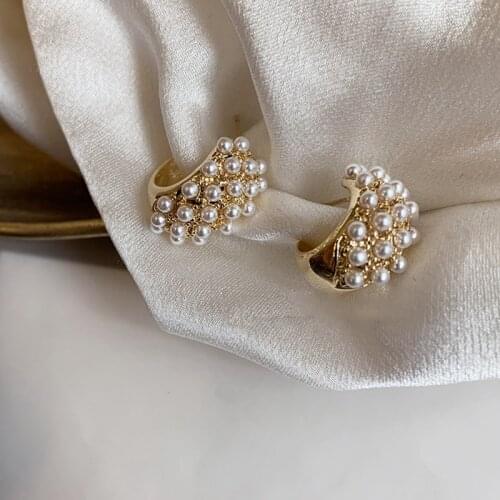 MENGJIQIAO New arrival Elegant Pearl Beads Hoop Earrings For Women Girls Cute Gold COlor Circle Boucle d'oreille Jewelry Gifts