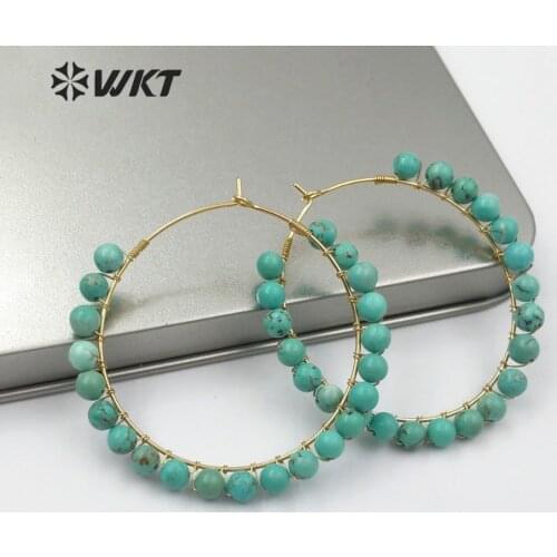 WT-E513 Vintage Design Natural Turquoises Earring Jewelry Green Black Blue White Pink Color Round Gem-stone Beads Charm Earring