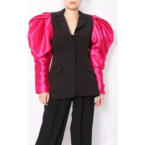 Womens High Quality Runway Fashion Blazer Fall 2020 Notched Collar 3D Long Puff Sleeve Slim Outerwear High Street Designer Coats