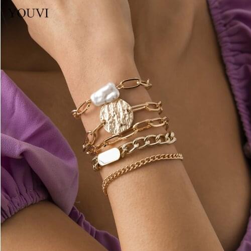 YOUVI Punk Gothic Imitation Pearls Bracelets for Women Charms Coin Bracelet Bangles Sets Female 2021 Fashion Hand Chains Jewelry