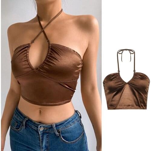 Women Sexy Cross Halter Deep V-Neck Crop Top Ruched Keyhole Backless Camis Vest X5XA