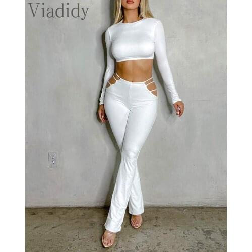 Women Sexy Solid Color Long Sleeve Top and Hollow Out High Waist Pants 2pcs Set