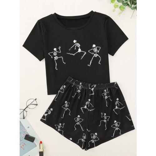 Personality Lady Cartoon Skull Villain Print Short Sleeve T Shirts & Shorts Pajama Set Summer Comfortable Sleepwear Home Suits