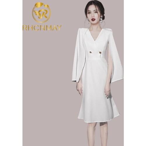 Chic Casual Summer Cloak Sleeves Cocktail Dresses V-Neck Mermaid Party Gown Women Elegant Knee-Length Dress Prom Dress Vestidos