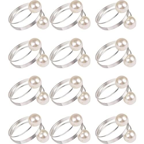 12Pcs Alloy Silver Plated Pearl Bead Napkin Ring Serviette Buckle Holder Hotel Wedding Party Favour Decoration-ABUX