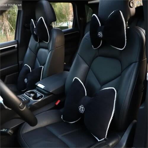 Bowknot car headrest headrest and neck pillow for camellia car winter plush car seat back headrest pillow