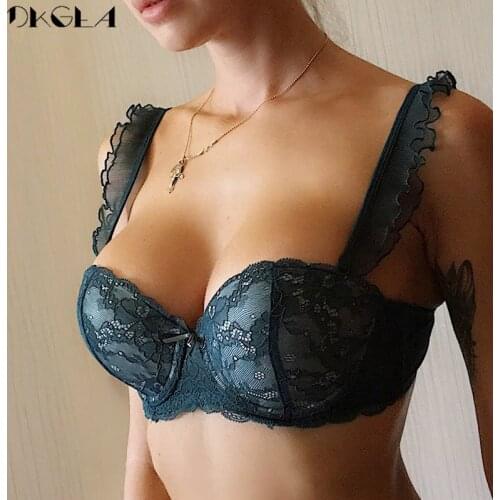 New Top Gather Sexy Bra Lace Embroidery Lingerie Green Brassiere Deep V Push Up Bras Women Underwear Cotton Thick A B C Cup