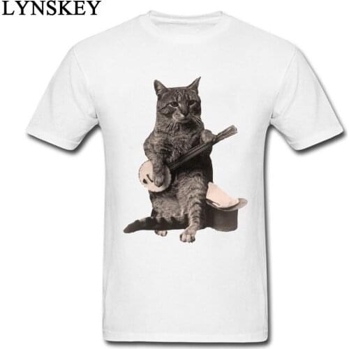 Classic Style Cat Playing Banjo Guitar Men Funny Print T-shirts Cotton Tees O Neck Tops Animal Novelty Design