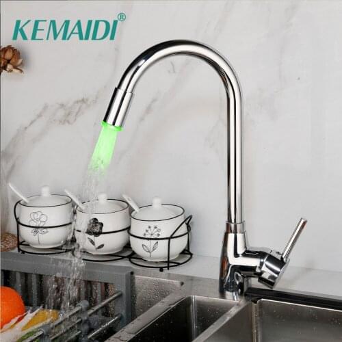 KEMAIDI Chrome Brass Kitchen Mixer Basin Sink Faucet Stainless Steel Water Mixer Tap LED Swivel Kitchen Faucet 360 Degrees