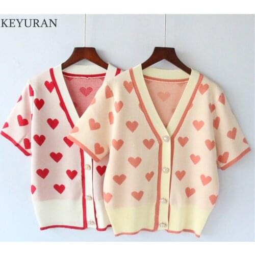 Womens Crop Top Knitted Cardigan for Women V Neck Love Jacquard Pearl Buttons Summer Short Sleeve Knit Sweater Thin Cardigans
