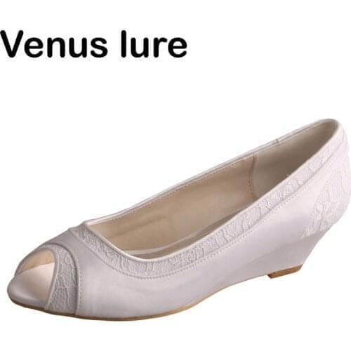 Lace and Satin Women Wedge Heel White Shoes Wedding Peep Toe Pumps