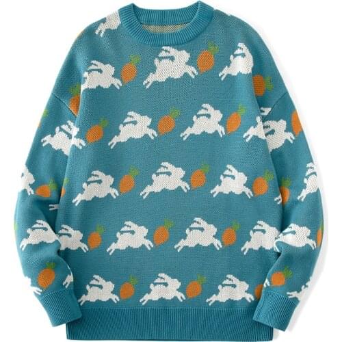 Men Casual Harajuku Cartoon Sweater Autumn Fashion Round Collar Mens Pullover Bunny Pattern Long Sleeve Knitted Male Pullovers