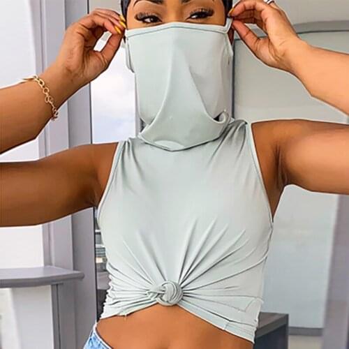 New Female Summer Casual T-shirts Sexy Slim Sleeveless Turtleneck Mask T-Shirt Ladies Fashion Solid Color Crop Tops Plus Size