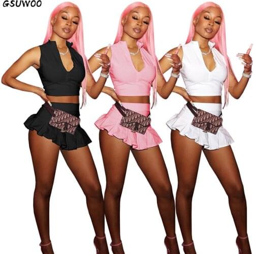 GSUWOO Sexy Ruffles Mini Shorts Skirt Sports Sets Sleeveless Zipper Crop Top Tennis Skirt Leisure High Waist Two-piece Outfits