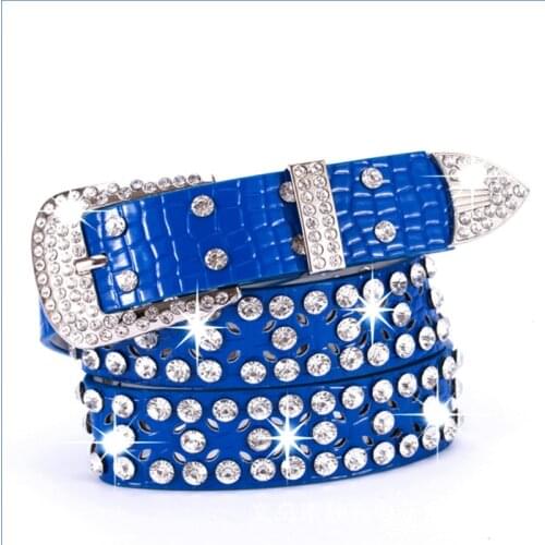 Split Leather + PU Rivet Belt Fashion Rhinestone Womens Studded Belts High Quality Female Leather Rock Women Strap For Jeans