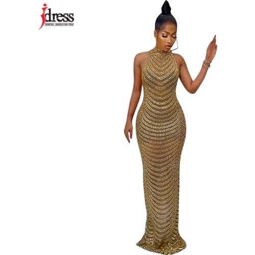 IDress Sexy Sparkly Rhinestone Bodycon Maxi Dress Women Wedding Evening Halter Mesh See Through Night Party Club Birthday Dress