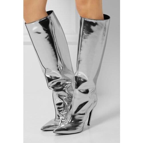 Sliver Leather Knee-high Boots Women Winter Pointed Toe High Heels party Fashion Shoes Slip On Thin Heel Dress Women Boots