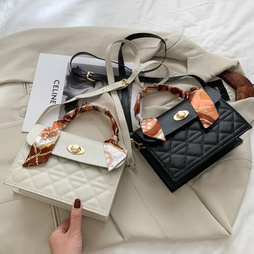 Elegant Women Lattice Pattern Silk Scarf Handle Shoulder Bags Fashion PU Leather Casual Solid Color Ladies Crossbody Handbags