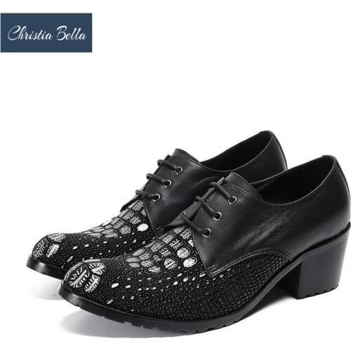 Christia Bella Fashion Genuine Leather High Heel Men Oxford Shoes Lace Up Business Dress Shoes Increase Height Club Derby Shoes