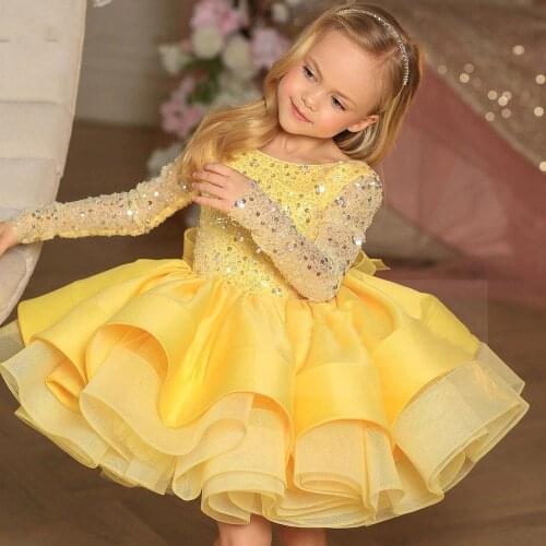 Yellow Girl Pageant Dresses Long Sleeves Sparkling Sequin Ball Gown Birthday Gowns Knee Length Flower Girl Dress