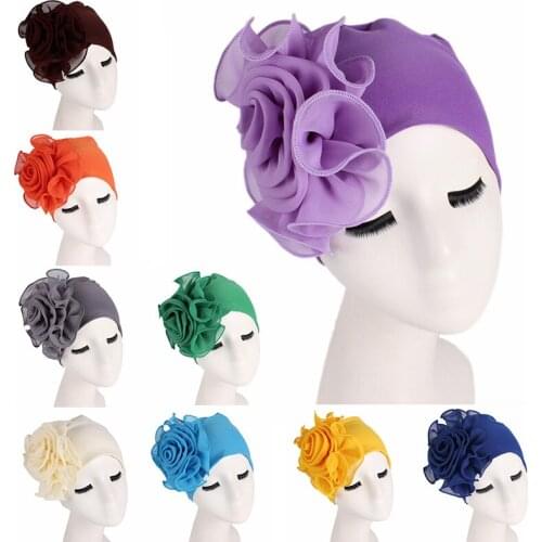 Elegant Turban Caps Women Female Elastic Headband With Big Flower Side Solid Hot-Selling Hair Loss Cap Chemo Hat Headwrap