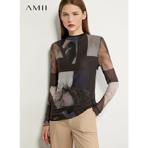 AMII Minimalism Autumn Fashion Printed Women Shirt Tops Causal Slim Fit Full Sleeve Female Shirt 12020352