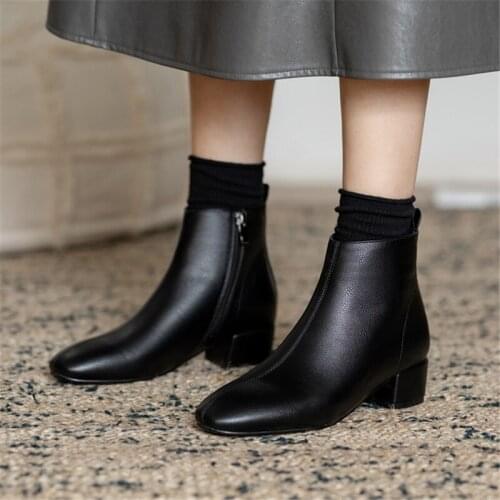 Women autumn winter ankle boots short plush insole zipper high heel pointed toe PU leather female boots black white big size 43