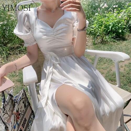 Lady French Ruffle Dress Sexy Puff Sleeve Split Dress 2021 Summer Women Office Chiffon Dress Korean Beach Vestidos