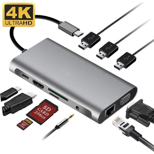 10IN1 Type-C Hub HDMI 4K VGA PD Charging TF/SD Gigabit RJ45 USB-C Docking Station For Macbook Notebook Laptop