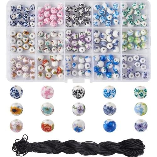 180pcs/box DIY Jewelry Kits with Handmade Printed Porcelain Beads Nylon Thread Nylon String for Beading Jewelry Making Round 8mm