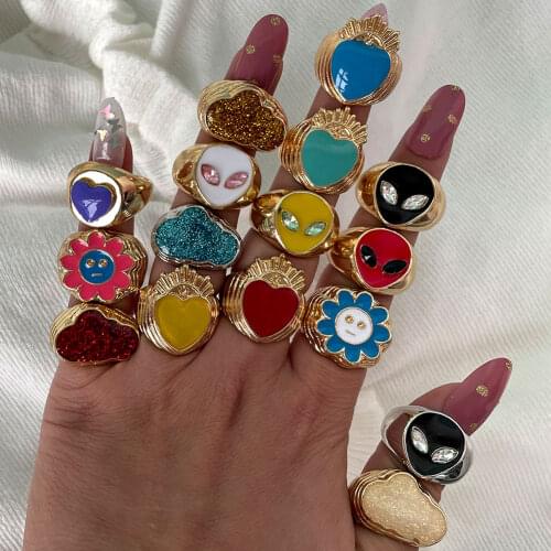 2Pcs/Set Fashion Gold Silver Color Alien Chunky Thick Metal Rings For Women Cute Smiley Face Cloud Enamel Rings 2021 New Jewelry