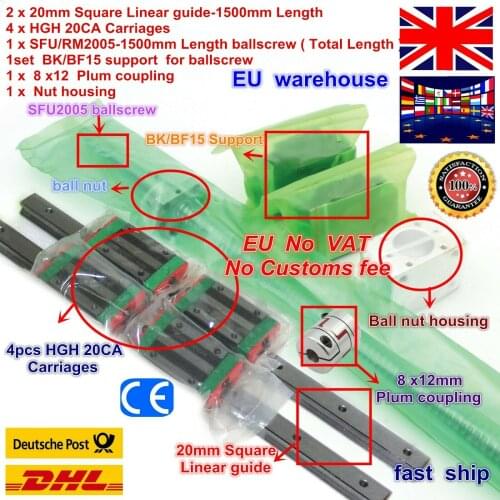 2pcs Square Linear guide rails L-1500mm & 1pcs Ballscrew SFU2005-1500mm ball screw with Nut & 1set BK/B15 & Coupling for CNC