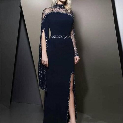 2020 New Formal High Neck Navy Blue Evening Dresses kaftan Dubai Beaded Long Sleeve Party Gowns Modest robe de soiree Split Prom