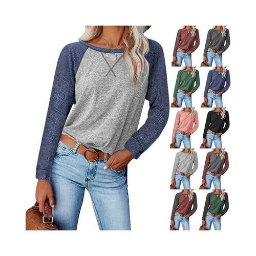 2021 Solid Patchwork Loose O Neck Autumn Spring Causal Tees Tops T-shirt T Shirts for Women YDJR055