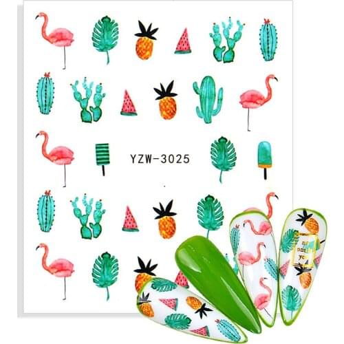 2021 New Nail Art Stickers Green Cactus Floral Flamingo Designs Water Decals Manicure Decorations For Nails Summer Sliders Foil