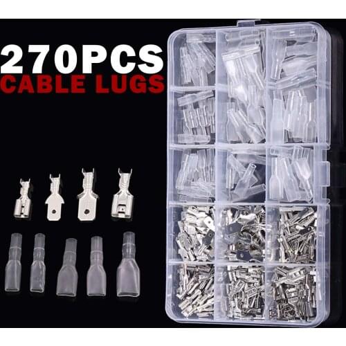 270Pcs/set Cable Lugs Car Electrical Wire Terminals Crimp Connectors With Sleeves Crimp Connector Tinned Brass Splice Terminals