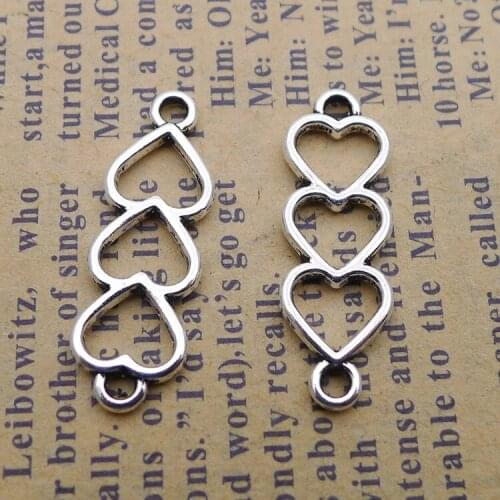 30pcs/Lot 8x24mm Heart Connector Hollow Alloy Charms Antique Silver Color Pendants for DIY Jewelry Making Charm