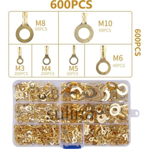 600PCS M3/M4/M5/M6/M8/M10 Ring Lugs Ring Eyes Copper Crimp Terminals Cable Lug Wire Connector Non-insulated Diy Assortment Kit