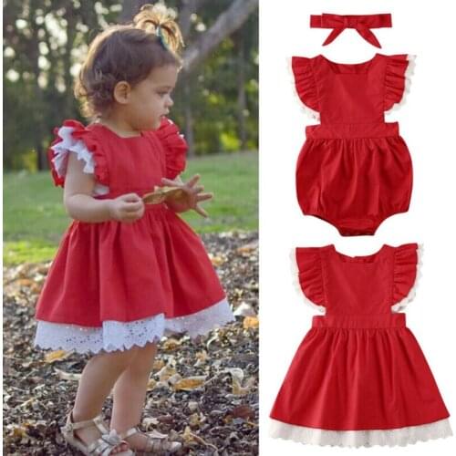 Toddler Kids Baby Girls Clothes Sister Matching Xmas Bodysuit Dress Outfits Sets Short Lace Sleeve Button Red Suit