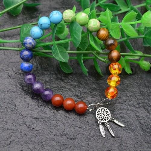 Colorful Natural Gemstone Round Beads Silver Metal Aeolian Bells Charms Bracelet Chakra Jewerly Couple Party Gift